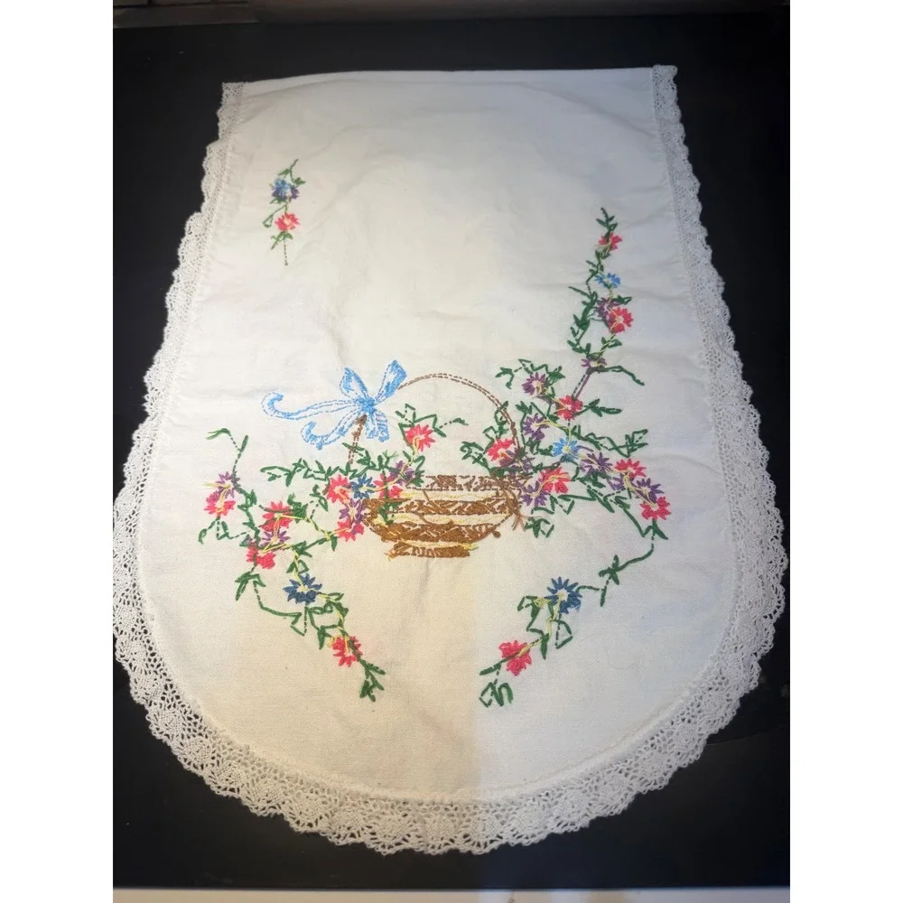 Vintage Hand Embroidered Flower Basket Table Runner White Lace Trim 36x12